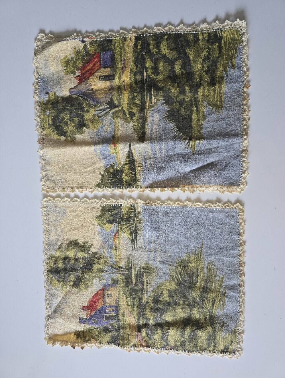 Vntg Scenic Cottage Print Linen Coasters Set of 2
